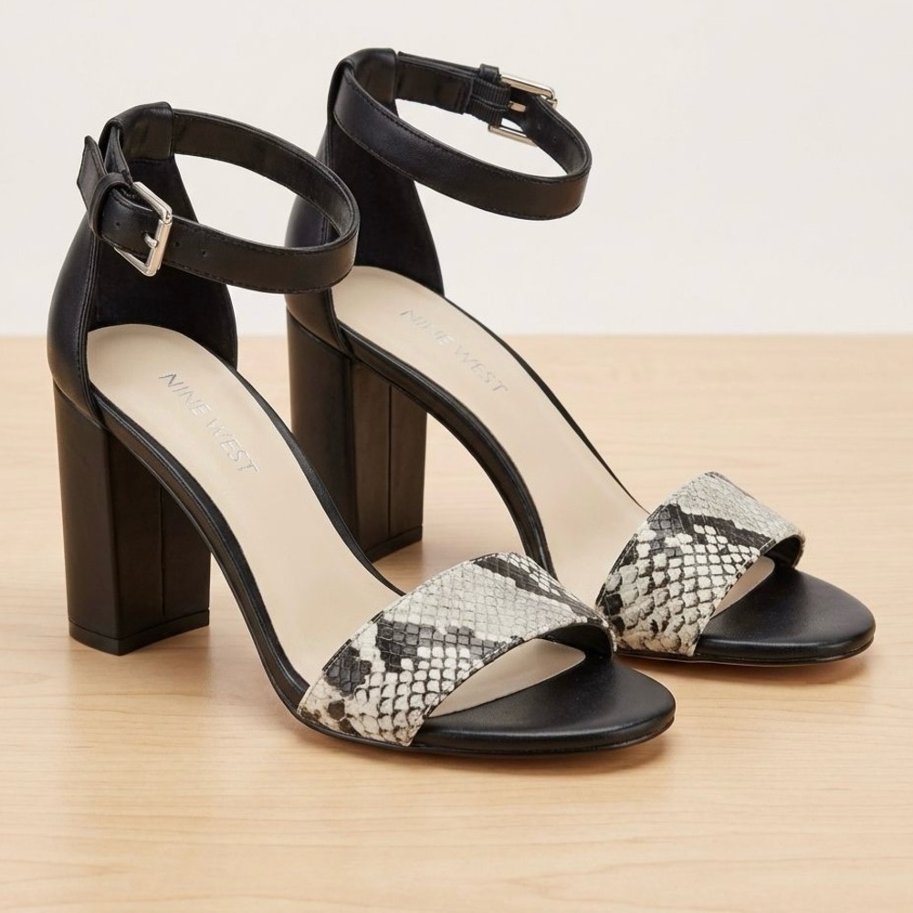 Nine West Black Block Heel Sandals with Snake-Print Strap Mob Wife Office Siren